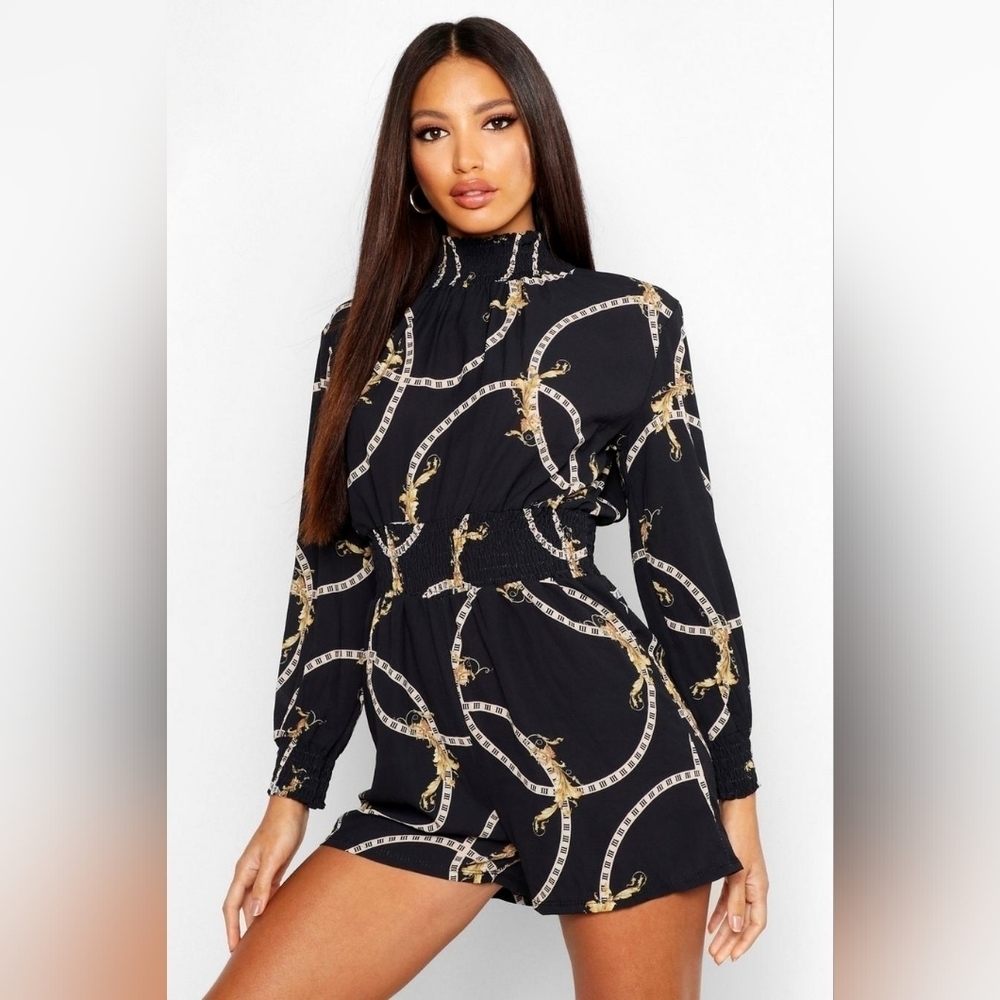 NWT Chain Print Black Long Sleeve Romper Sz 8